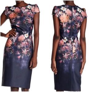 Betsey Johnson Floral Cap Sleeve Jewel Neck Knee Length Dress Navy Size 2